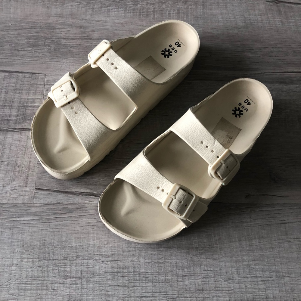 Women’s Cream Double-Buckle Slide Sandals
